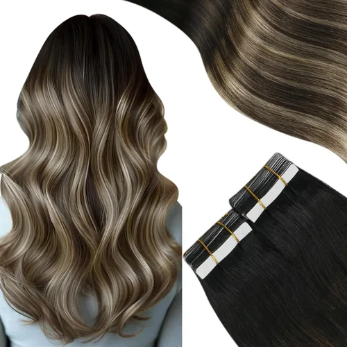 Miniatura 20 de Moresoo Extensiones adhesivas de cabello humano degradado, balayage, mezcla de marrón oscuro con extensiones de color marrón medio, extensiones