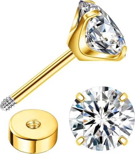 Miniatura 11 de Enticera G23 Aretes de Titanio 5A+Circonita Cúbica Aretes de Botón con Parte Trasera Plana Aretes Hipoalergénicos de Oro 14K Aretes 2-5MM