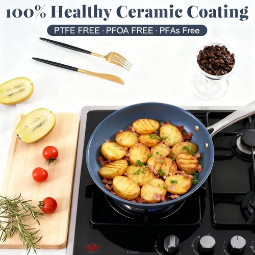 Miniatura 3 de Sartén antiadherente de acero inoxidable, sartén de 10 pulgadas con revestimiento cerámico saludable y no tóxico con tapa, funciona en cocinas