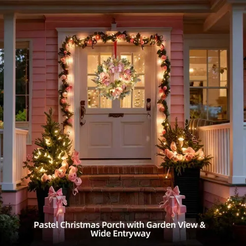 Miniatura 6 de Guirnalda de Navidad rosa de 6 pies para puerta delantera con 30 luces LED con temporizador, guirnalda festiva iluminada para vacaciones con copo