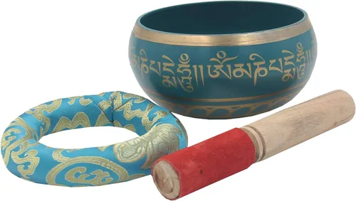 Miniatura 4 de DharmaObjects Juego completo de cuencos tibetanos de meditación Om Mani Padme Hum (tamaño XL, turquesa)