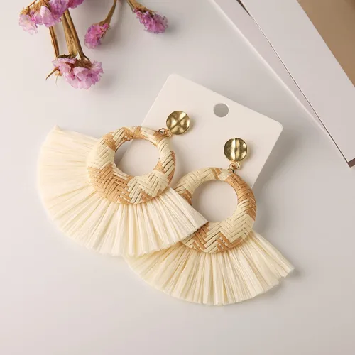 Miniatura 3 de STWTR Pendientes de rafia grandes, ligeros, geométricos, con flecos, trenzados, bohemios, hechos a mano, paja, trenzados, de mimbre, para mujeres