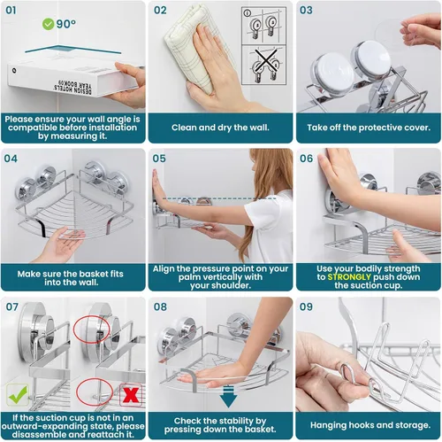 Miniatura 9 de TAILI Paquete de 2 potentes ventosas de ducha de esquina, estante de ducha a prueba de óxido de acero inoxidable con gancho, cesta de pared sin