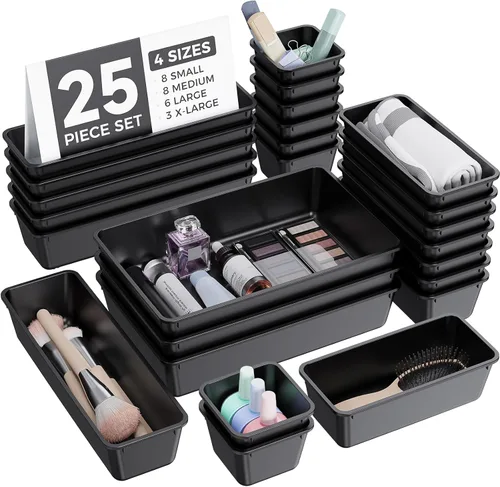 BiuLeon - Juego de 25 organizadores de cajones de plástico, 4 tamaños, organizador para tocador y maquillaje, bandejas organizadoras para cajones de
