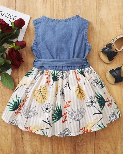 Miniatura 5 de Saeaby Vestido de Niña Bebé Ropa de Verano para Niña Pequeña Vestido sin Mangas para Bebé Vestido de Mezclilla con Flores Vestido de Verano Vestidos