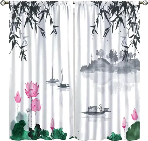Cortinas con estampado de bambú, diseño de loto rosa asiático japonés, tela de poliéster, tratamiento de ventana para dormitorio, sala de estar,