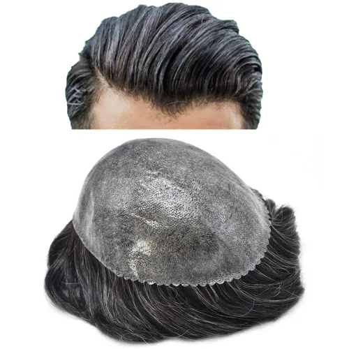 Miniatura 30 de Toupee Men Hairpiece Full Poly Toupee para hombres Cabello humano 77 colores PU inyección Mens Toupee sistema de reemplazo de cabello humano