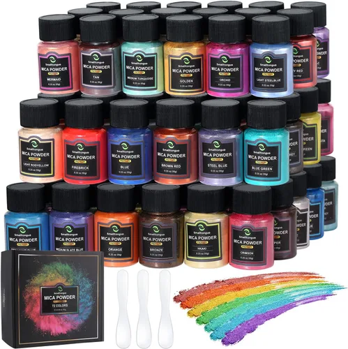 Smalltongue Polvo de mica para resina epoxi, 72 colores, botellas de 0.35 oz (10g) con purpurina de mica, pigmento de mica para brillo de labios,