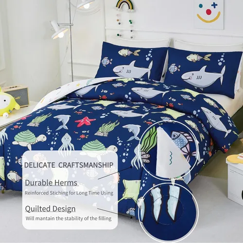 Miniatura 3 de RYNGHIPY Juego de ropa de cama para cama individual para niños, reversible, con estampado de animales marinos, juego de edredón para niños y niñas
