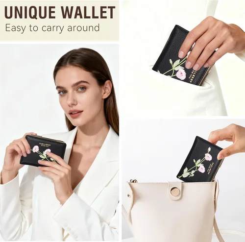 Miniatura 6 de Billetera pequeña para mujer, doble bordado, con flores, bloqueo RFID, piel sintética, con bolsillo con cremallera para mujeres y niñas (negro)