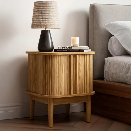 Miniatura 6 de Juego de 2 mesitas de noche estriadas con puertas correderas, moderna mesita de noche con patas de madera maciza, mesita de noche de madera