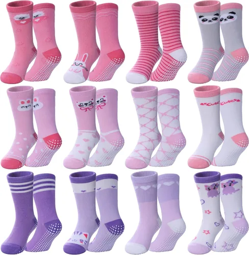 Calcetines antideslizantes para niñas pequeñas, calcetines de algodón con agarres, 12 pares