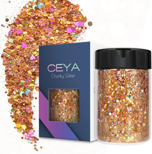 Miniatura 28 de Ceya Brillantina gruesa holográfica, 1 libra/16 onzas, oro diamante a granel, purpurina mixta gruesa y fina embotellada con lentejuelas metálicas