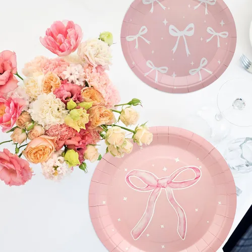 Miniatura 2 de 100 piezas de suministros para fiesta de cumpleaños con lazo rosa, juego de vajilla de lazo rosa de 9 y 7 pulgadas, platos de lazo rosa, tazas