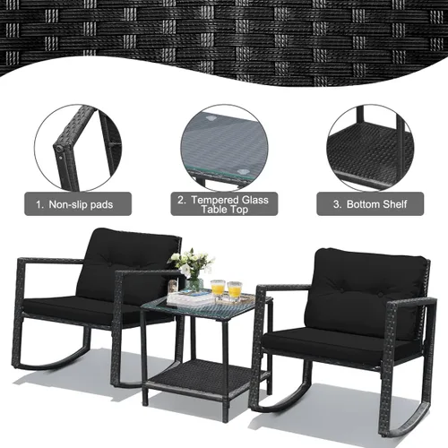 Miniatura 6 de RELAX4LIFE Juego de sillas mecedoras para exteriores, juego de 3 piezas de mimbre de polietileno con mesa de cojines y estante de almacenamiento