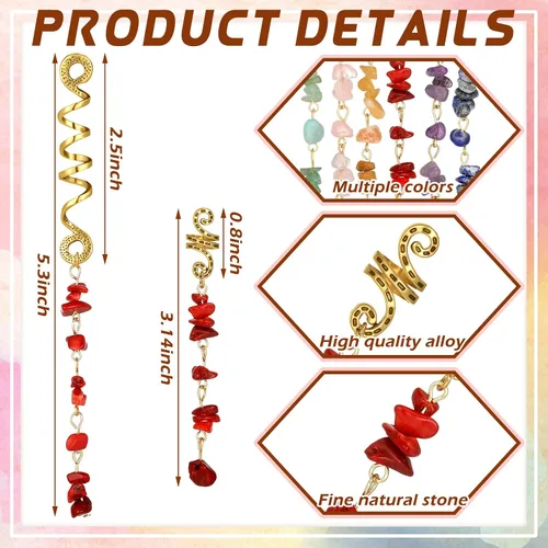 Miniatura 4 de BBTO 12 piezas de joyas para el cabello para trenzas, accesorios de rastas de piedra de cristal natural, accesorios de metal para el cabello