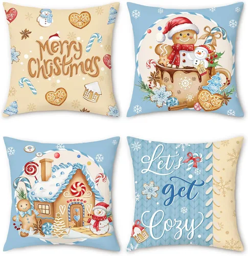 Miniatura 9 de Bonhause Fundas de Cojines Decorativos Navideñas de Pan de Jengibre 18x18 Pulgadas Hombre Casa Camión Panadería Navideña Almohadas Decorativas