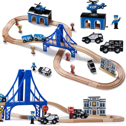 SainSmart Jr. Juego de tren de madera – Juego interactivo de policía para niños | Juguete de construcción con tren, figuras y accesorios |