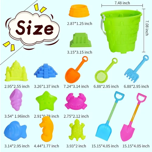 Miniatura 2 de Juego de 17 juguetes de playa para niños, incluye cubo, moldes, pala, rastrillo, tamiz y juguetes de castillo, cubo de arena y pala para niños