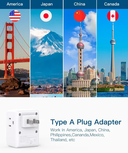 Miniatura 2 de Paquete de 2 adaptadores de enchufe de EE. UU. a Japón, adaptador de enchufe de 2 clavijas a 3 clavijas con 3 salidas de CA, 3 puertos USB