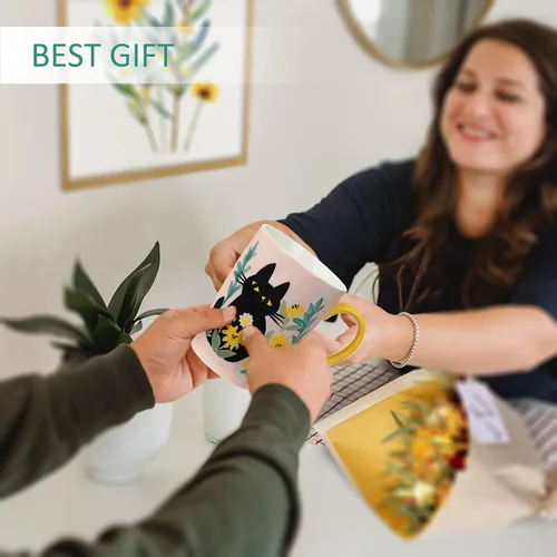 Miniatura 6 de NymphFable Taza de café de cerámica grande con mango 100% pintado a mano regalo de Navidad 20.3 fl oz/20oz Gato lindo rosa