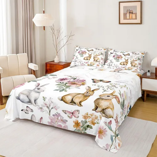 Miniatura 3 de Erosebridal Juego de sábanas de conejo de Pascua, tamaño individual, juego de sábanas de flores de primavera para niñas, mujeres, niños