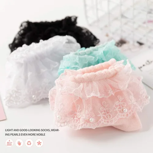 Miniatura 5 de SRYL Women Ruffle Pearls Ankle Socks Lace Frilly Socks, Cute Cotton Socks Ladies Girl Princess Lace Socks