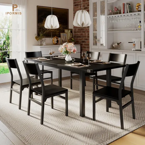 iPormis Juego de mesa de comedor y sillas de 7 piezas para 4-6, mesa de cocina extensible de 63 pulgadas con 6 sillas, mesa de comedor con marco de