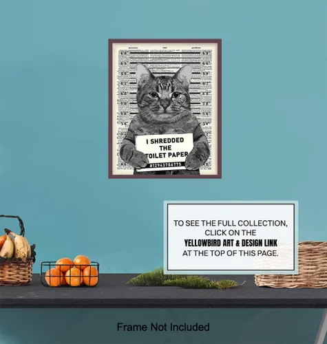 Miniatura 7 de Decoración de pared de gato culpable – Arte de pared de gato – Arte de diccionario – Póster humorístico de 8 x 10 pulgadas, imagen Mugshot