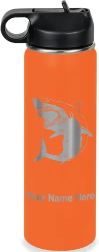 Miniatura 31 de LaserGram Botella de agua personalizada, gran tiburón blanco, acero inoxidable de doble pared aislada al vacío con popote superior, regalo grabado
