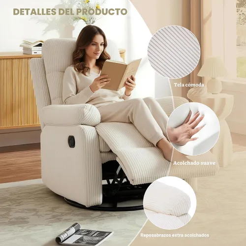 Miniatura 5 de Silla reclinable mecedora, moderna silla reclinable giratoria, sillón reclinable de tela de pana, sillón reclinable manual para sala de estar, Beige