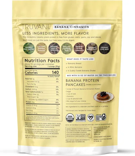 Miniatura 9 de Truvani - Proteína en polvo de guisantes vegana Banana Canela 20 g de proteína vegetal orgánica 10 porciones Keto Sin gluten ni lácteos