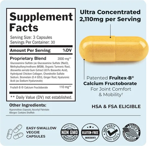 Miniatura 4 de Suplemento de apoyo articular de glucosamina y condroitina MSM - Péptidos de colágeno, cúrcuma y jengibre, ácido hialurónico, sulfato de glucosamina