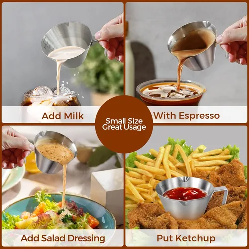 Miniatura 9 de 2 piezas de tazas de espresso de acero inoxidable con asa, taza medidora de metal de doble boquilla con doble escala, taza de espresso con boca