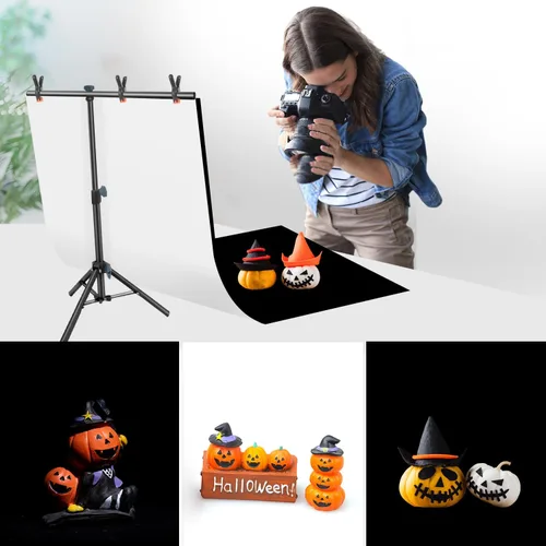 Miniatura 2 de Kit de soporte de telón de fondo para fotos de JEBUTU, fondo de fotos, telón de fondo blanco negro de 26.8x50 pulgadas con soporte de mesa