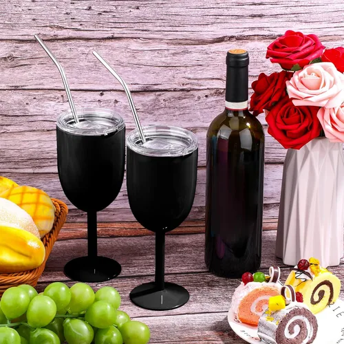 Miniatura 7 de Geiserailie - Paquete de 3 copas de vino de acero inoxidable de 10 onzas con tapa y pajilla, vaso de vino con aislamiento de doble pared con cepillo