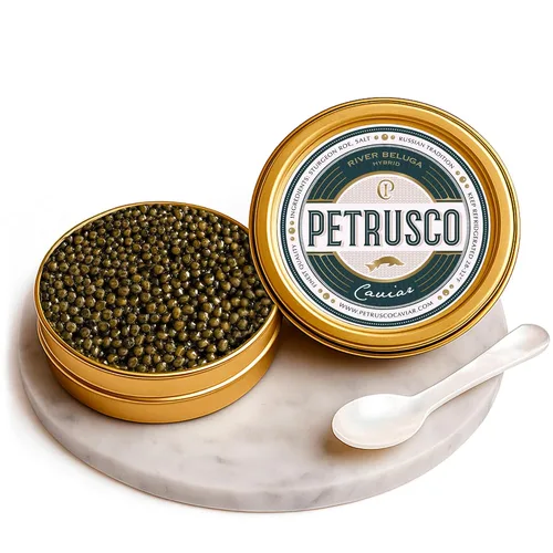 PETRUSCO River Beluga Hybrid - Caviar negro de alta calidad - Huevas de pescado de esturión gourmet frescas en una lata de metal sellada, 30 g (1