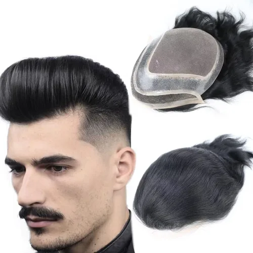 HAPPY&CC Pelucas de repuesto de cabello para hombres y hombres, sistema de cabello humano tipo tupé, línea capilar natural, mono fino con postizo de