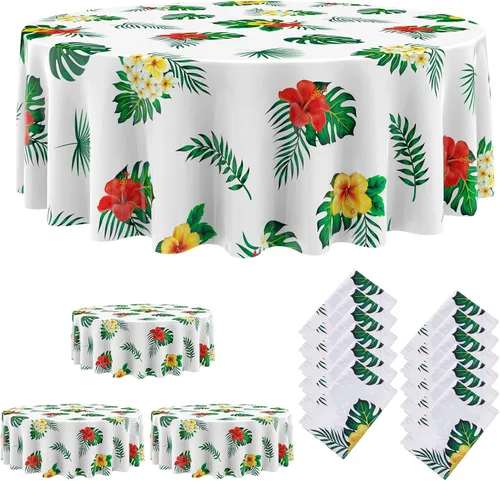 Miniatura 8 de Oudain 6 manteles hawaianos redondos de verano de 84 pulgadas, manteles de plástico Lagre Tropical Luau con hojas de palma y flor de hibisco