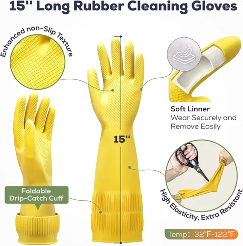 Miniatura 2 de FMP Brands 3/6/12/60 pares de guantes de goma extra largos de 15 pulgadas para lavar platos, antideslizantes para limpieza, cocina, baño, jardinería