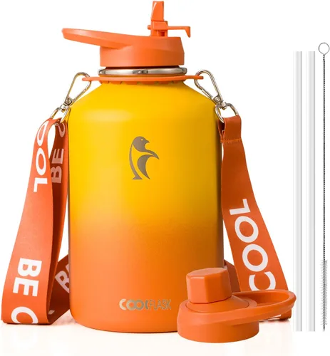 Miniatura 38 de Botella de agua Coolflask de 40 onzas con correa, botella de agua metálica aislada con popote y tapas con pico, acero inoxidable de doble pared al