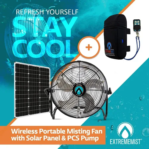 Miniatura 5 de EXTREMEMIST Ventilador de nebulización solar de 14 pulgadas Pro - 4 boquillas de niebla, panel solar de 30 W Bomba desmontable con línea