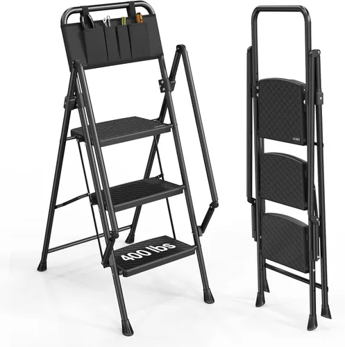LUISLADDERS Escalera de 3 escalones con barandillas, taburete plegable con pedal antideslizante ampliado, escalera ligera de 500 libras, plegable de