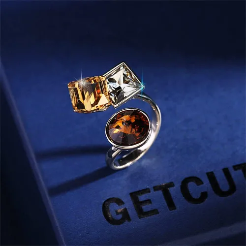 Miniatura 5 de Anillo abierto ajustable de cristal geométrico para mujeres y niñas, bisel apilable redondo, corte princesa, cubo CZ Art Déco, ajuste cómodo, moda