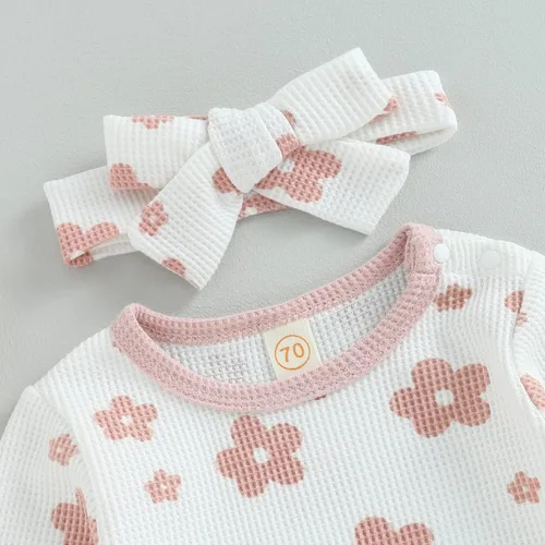 Miniatura 3 de Ropa de bebé recién nacida, sudadera floral de manga larga, mameluco con volantes, diadema de gofre, traje de otoño de una pieza