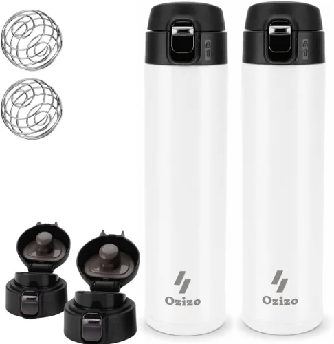 Miniatura 6 de Ozizo Taza de viaje aislada de acero inoxidable de 18 onzas con bola mezcladora, tapa de botón y boquilla de vertido, a prueba de derrames y fugas