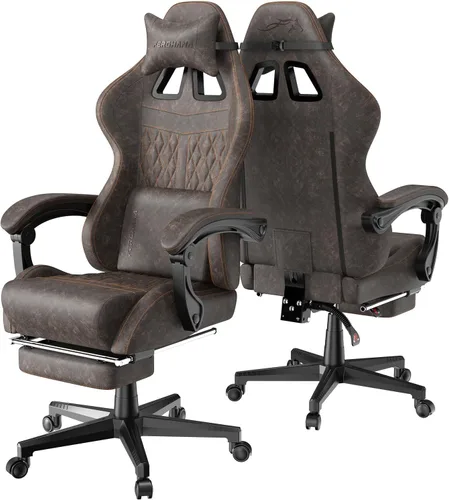 Miniatura 9 de Ferghana Silla vintage de piel sintética para videojuegos, silla de jugador con respaldo alto con masaje, silla ergonómica de oficina para Marrón