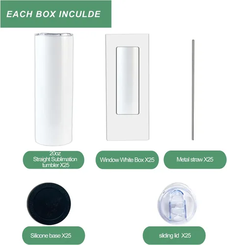 Miniatura 2 de Paquete de 25 vasos rectos de sublimación de 20 onzas con doble pared de acero inoxidable con popote de metal y tapa de plata para bancos mayoristas