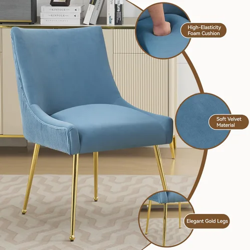Miniatura 5 de WUTUTUEE Juego de 2 sillas de comedor de terciopelo, patas doradas, sillas decorativas tapizadas de terciopelo, diseño de respaldo plisado y asa