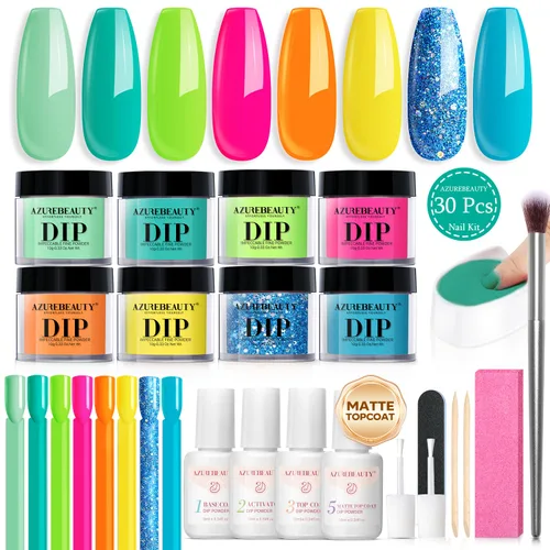 Miniatura 9 de AzureBeauty Kit de iniciación de polvo de uñas de inmersión, gris arce, verde salvia, verde oscuro, juego de 8 colores con palitos de uñas, base